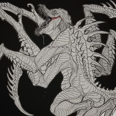 a black and white drawing of a dragon with its mouth open in front of the viewer