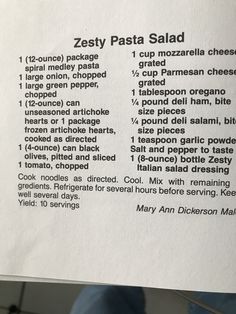 the instructions for how to make zesty pasta salads are printed on a piece of paper