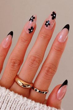 Black French Tip Press on Nails with Black Flowers Short Hairstyle, Floral Nails