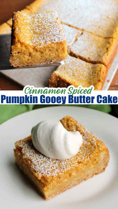 cinnamon spiced pumpkin gooey butter cake on a white plate