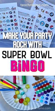 a paper plate with some stickers on it and the words make your party rock with super bowl bingo