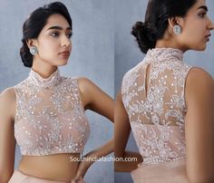 Blouse On Net Saree, Blouses For Organza Sarees, Boat Neck Sleeveless Blouse Designs, Net Blouse Back Designs, Organza Saree Blouse Designs Latest Back Neck, Net Saree Blouse Designs Party Wear, Back Dori Blouse Designs, Net Blouse Models, Blouse Design For Organza Saree