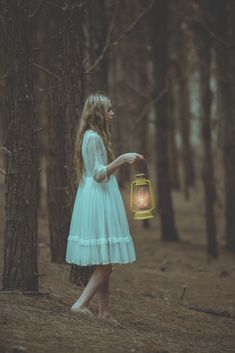 a woman in a blue dress holding a lantern