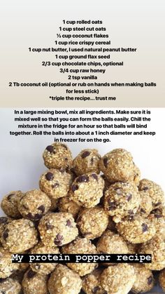 a pile of oatmeal balls sitting on top of each other next to a recipe