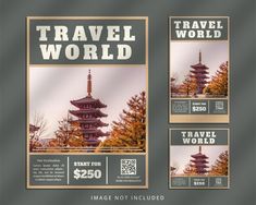 an advertisement for travel world with pagodas in the background