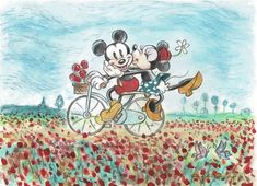 a drawing of mickey and minnie kissing on a bicycle in a field of poppies