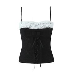 48102181765440|48102181798208|48102181830976 Small Tank Tops, Women Crafts, Middle Age Fashion, Cat Top, Lace Splicing, Lace Bows, Cami Crop Top, Summer Tank Tops, Street Outfit