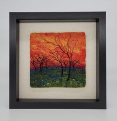 a painting with trees and flowers in the foreground, against a red sky at sunset