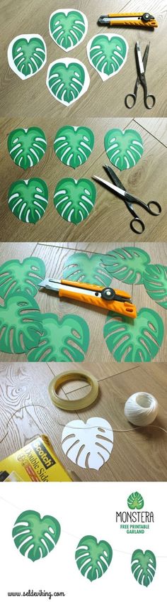 cut out paper leaves with scissors and tape to make them look like they are on the table