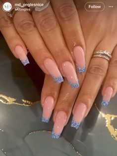 Prom Night Nails, Royal Blue French Tip Nails Sparkle, Silver Blue French Tip Nails, Blue Glitter Nails French Tip, Baby Blue Glitter Acrylic Nails, Blue Glitter Nail Tips, Hoco Nails Acrylic Blue, Sparkly Tip Acrylic Nails, Blue Sparkle Nails French