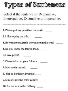 worksheet for the types of sentences