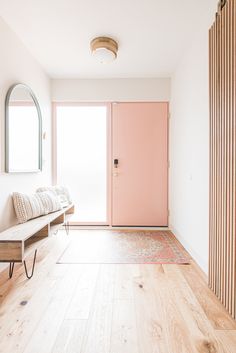 SImple blush pink slab door with an equal sized side light. Pink Doors Interior, Mid Century Modern Interior Doors, Single Mom Budget, Mid Century Modern Door, Pink Mid Century Modern, Diy Mid Century, 1960s House, Diy Mom