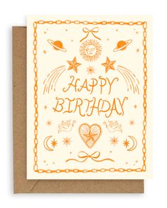 an orange and white birthday card with the words happy birthday written in gold on it