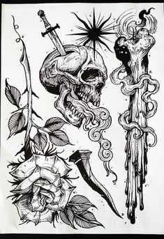 an ink drawing of a skull, dagger and roses