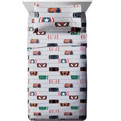 the avengers bedding set is made up of white sheets with red, blue and green designs