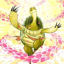 a drawing of a turtle riding on top of a skateboard in front of pink flowers