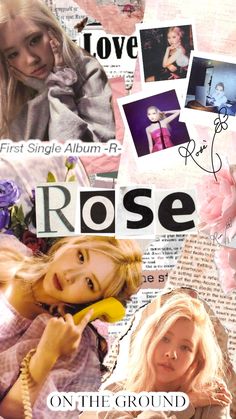 collage of photos with the word rose on the ground in front of them, and an image of a woman holding a banana