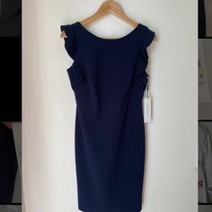 Brand New, Beautiful Calvin Klein Navy Cocktail Dress. With Cap Ruffle Sleeves! Elegant Blue Calvin Klein Dress, Calvin Klein Blue Evening Dress, Calvin Klein Blue Formal Dress, Calvin Klein Blue Sheath Dress, Calvin Klein Blue Midi Dress For Formal Occasions, Calvin Klein Blue Midi Length Dress, Calvin Klein Blue Mini Dress For Spring, Calvin Klein Blue Mini Dress For Summer, Calvin Klein Blue Midi Dress