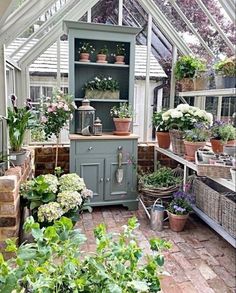 a greenhouse filled with lots of potted plants next to a kitchen counter and sink