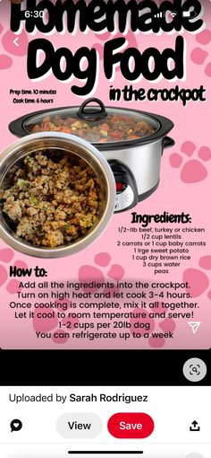 an advertisement for the homemade dog food in the crockpot app on iphone or ipad