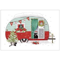 White dishtowel with red and green camper.  Black lab dog wearing a Santa hat sits in doorway.  It is snowing. Mary Lake Thompson Art, Christmas Caravan, Camper Crafts, Caravan Vintage, Camper Vintage, Camper Art, Camping Vintage, Chirstmas Decor, Vintage Camper Remodel