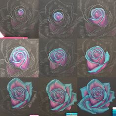 several different colored drawings of a rose on a blackboard with pastel pencils