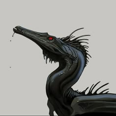 a black dragon statue with red eyes and long tail, standing in front of a gray background