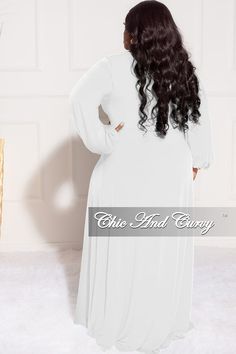 Polyester %: 95 Spandex %: 5 Stretch long dress V-neck Long sleeve Pullstring Slits No closure Hand wash cold Model is wearing a 2X Kimono Plus Size, Maxi Dress Plus Size, Chic And Curvy, Maxi Kimono, Ruched Maxi Dress, No Closure, White Maxi, Ivory White, White Formal Dress