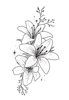 a black and white drawing of lilies on a white background with stars in the middle