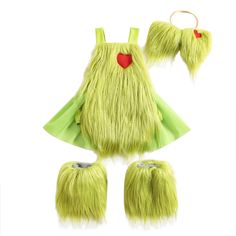 the costume is made up of furry green hair and red heart on it's chest