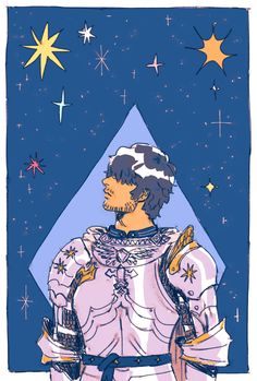 a drawing of a man wearing a pink outfit with stars in the sky behind him