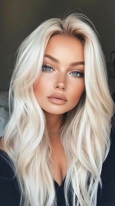 Platinum Blonde Hair With Dark Under, Cooler Blonde Hair, Snow Blonde Hair, Blonde Hair Platinum Highlights, Long Icy Blonde Hair, Bright Creamy Blonde Hair, Hair Color Ideas Platinum Blonde, Bleach Blonde Balayage, Warm Platinum Blonde Hair