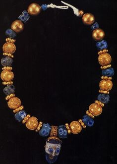 Phoenician glass and Etruscan gold bead necklace. British Museum Etruscan Jewelry, Ancient Necklace, Ancient Beads, Oh Oh, Gold Bead Necklace