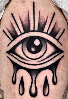 an all seeing eye tattoo on the leg with drops of water coming out of it