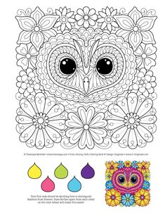 an owl with large eyes is shown in the middle of a coloring page for adults