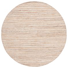 a round rug with beige stripes on the top and bottom, it is made out of ju