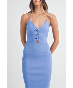 Adjustable spaghetti strap front knot and cut out detail sweater knit bodycon midi dress with one side slit. 65% Viscose 35% Nylon Bodycon Midi Dress, Detailed Sweater, Bodycon Midi, Knit Midi, Knit Midi Dress, Blue Midi Dress, Midi Dress Bodycon, Sweater Knit, Spaghetti Strap