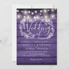 the rustic purple wood and string lights wedding card