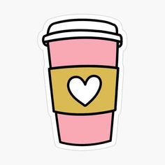 a coffee cup with a heart sticker on the front and bottom, in yellow and pink