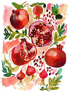 a painting of pomegranates and leaves on a white background with watercolor