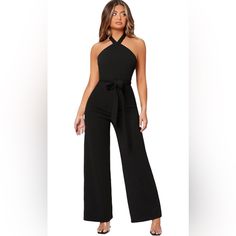 Nwt Halter Backless Belted Wide Leg Romper Black Size Large 10288 Black Halter Neck Jumpsuit For Going Out, Elegant Black Jumpsuits And Rompers For Day Out, Wide Leg Romper, Belted Romper, Romper Black, Black Romper, Dress Romper, Pant Jumpsuit, Jumpsuit Romper