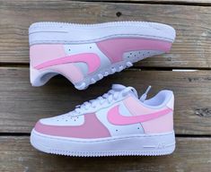 Custom Painted Nike Air Force 1s with Pink Color Block Pink Air Force 1 Outfit, Custom Pink Air Force 1, Pink Nike Custom Sneakers For Sports, Nike Custom Pink Sneakers For Light Sports, Nike Shoes Women Air Force Pink, Custom Nike Shoes Air Force Pink, Painted Air Force 1, Custom Af1, Nike Air Force 1s