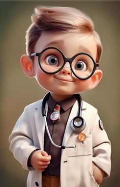 a cartoon character with glasses and a stethoscope around his neck, wearing a lab coat