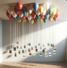 a bunch of balloons are hanging from the ceiling in an empty room with wooden floors