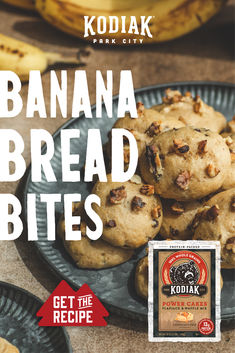 banana bread bites on a plate with the kodiak logo in front of them