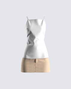 Move with class, and confidence with this ivory open-back top, and tan twill mini skirt 🤍 The perfect full fit to dress up or down - either way, it will always be a slay 😊 Chic Cream Stretch Mini Dress, Chic Beige Stretch Mini Skirt, Chic Fitted Beige Mini Skirt, Beige Mini Skirt For Summer Night Out, Fitted Beige Mini Skirt For Day Out, Beige Fitted Mini Skirt For Day Out, Chic Fitted Neutral Skirt, Chic Cream Skirt For Night Out, Elegant Beige Mini Skirt For Day Out