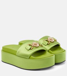 Medusa Biggie Satin Platform Slides in Green - Versace | Mytheresa Girl Money, Fashion Collection Inspiration, Versace Shoes, Mid Heels Pumps, Girl Closet, Boot Jewelry, Fancy Shoes, Platform Slides, Carrie Bradshaw