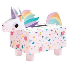 a unicorn shaped box with stars and hearts on it