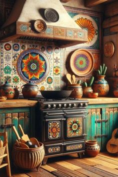 an artistic kitchen with colorful tiles on the wall and wooden floors, painted in bright colors