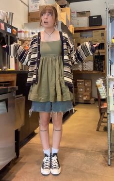 Short Sleeved Sweater Outfit, Shorts Leg Warmers Outfit, Alt Sweater Outfits, Japanese Layering Fashion, Unique Casual Outfits, Clairo Concert Outfits Ideas, Teacher Core Outfits, Mpdg Outfits, Baker Outfit Aesthetic